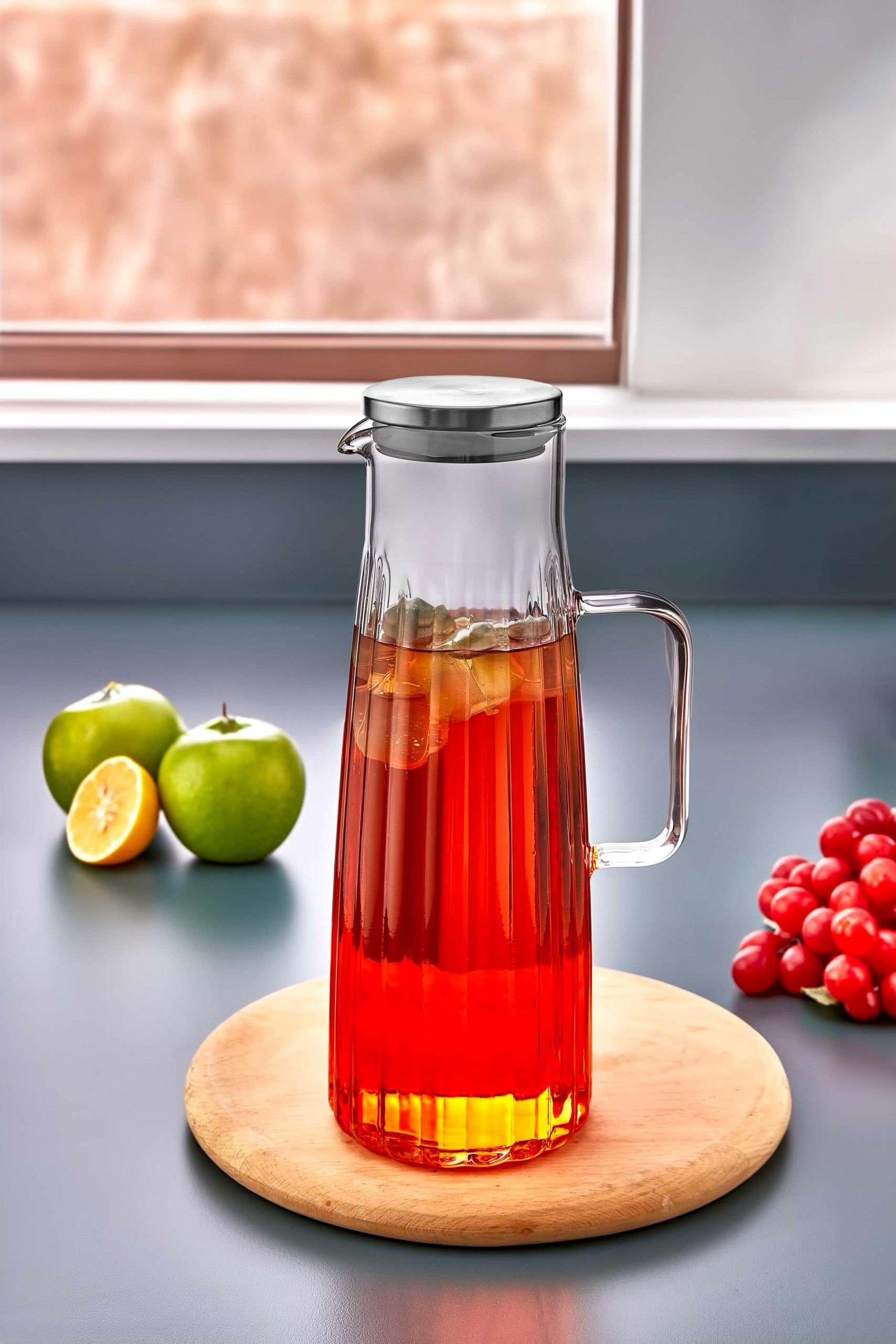 Borosilikat Cam Lüks Çizgili Sürahi - Meyvesuyu, Limonata, Meşrubat Sürahisi - Ofis Sürahi