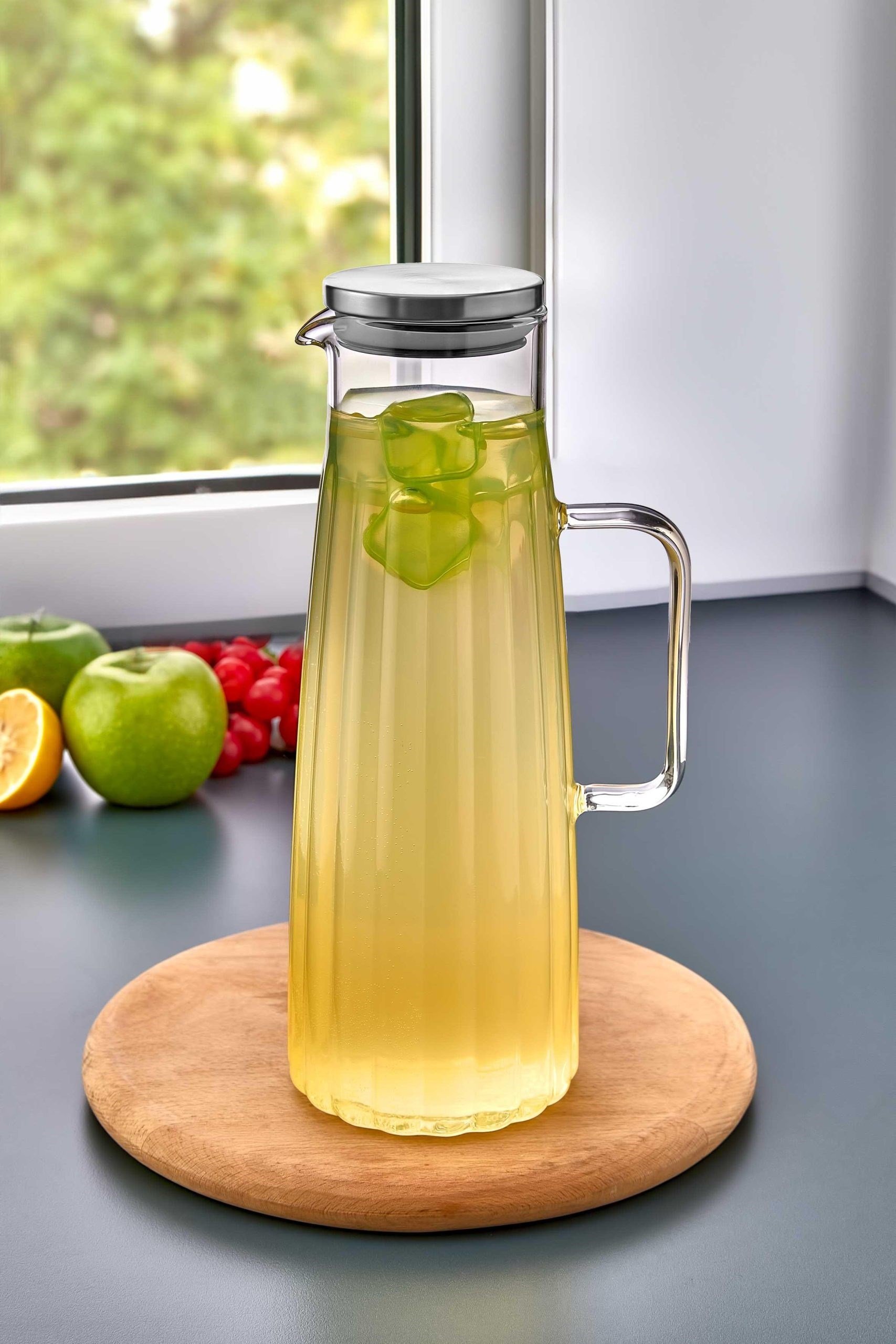 Borosilikat Cam Lüks Çizgili Sürahi - Meyvesuyu, Limonata, Meşrubat Sürahisi - Ofis Sürahi