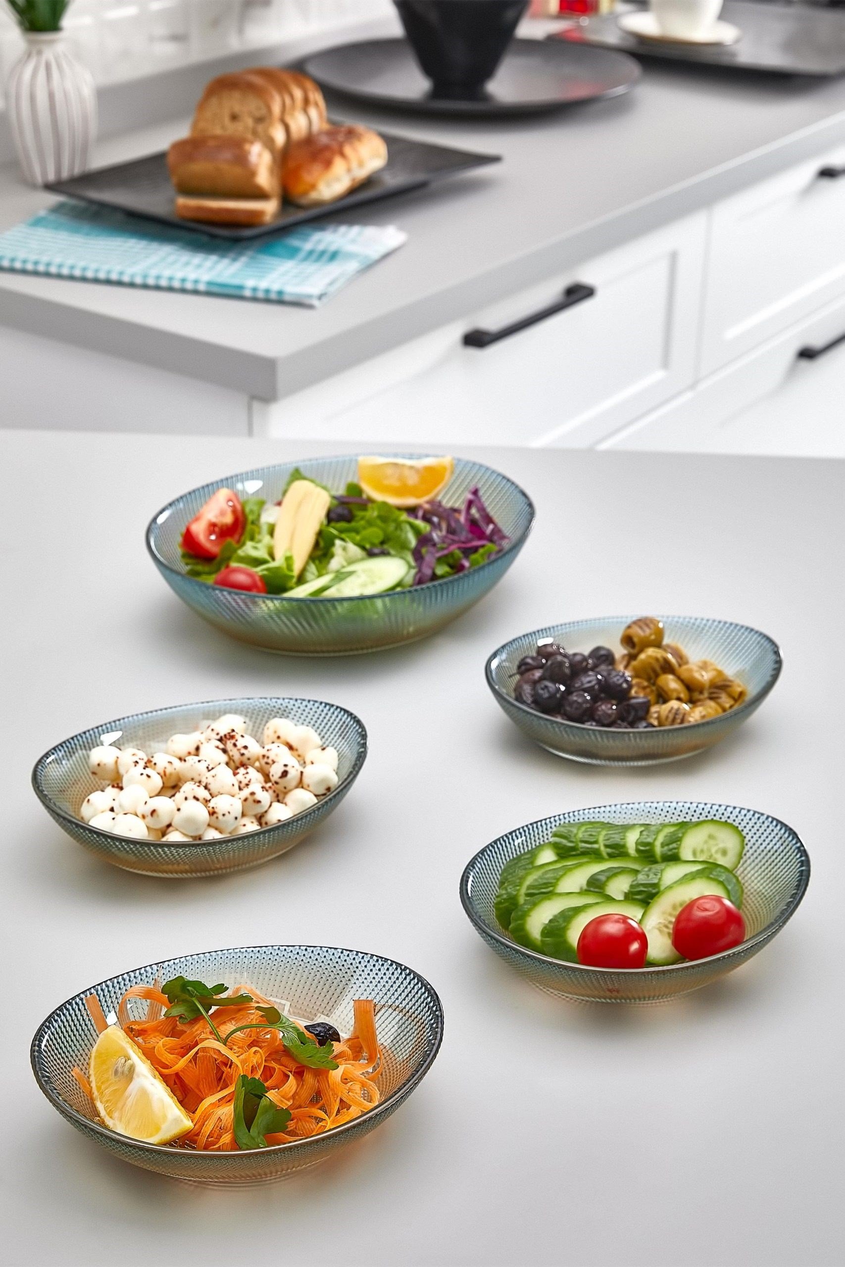 Büyük Boy Cam 5'li Oval Kase Seti - Cam Kahvaltılık Kase - Çerez, Meyve, Salata, Kasesi