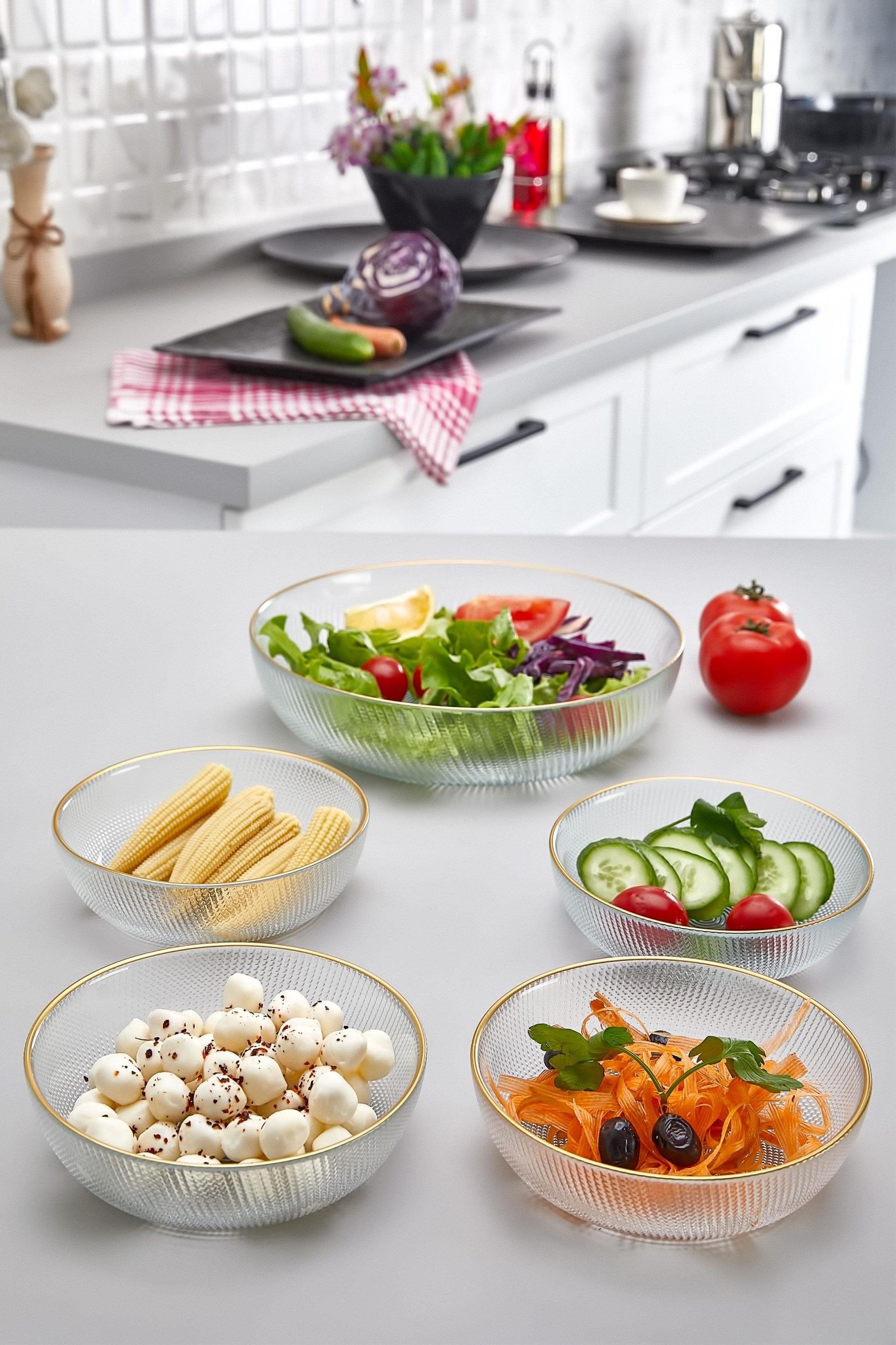Büyük Boy Cam 5'li Oval Kase Seti - Cam Kahvaltılık Kase - Çerez, Meyve, Salata, Kasesi
