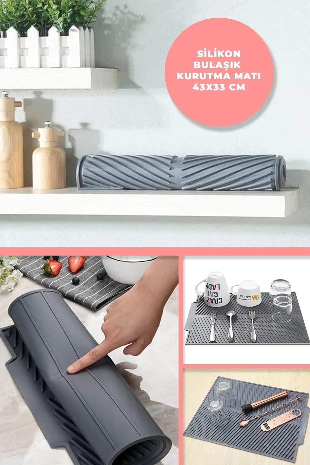 Büyük Boy Kaydırmaz Gri Silikon Bulaşık Kurutma Matı Bulaşıklık - Bulaşık Altlığı ( Bpa Free )