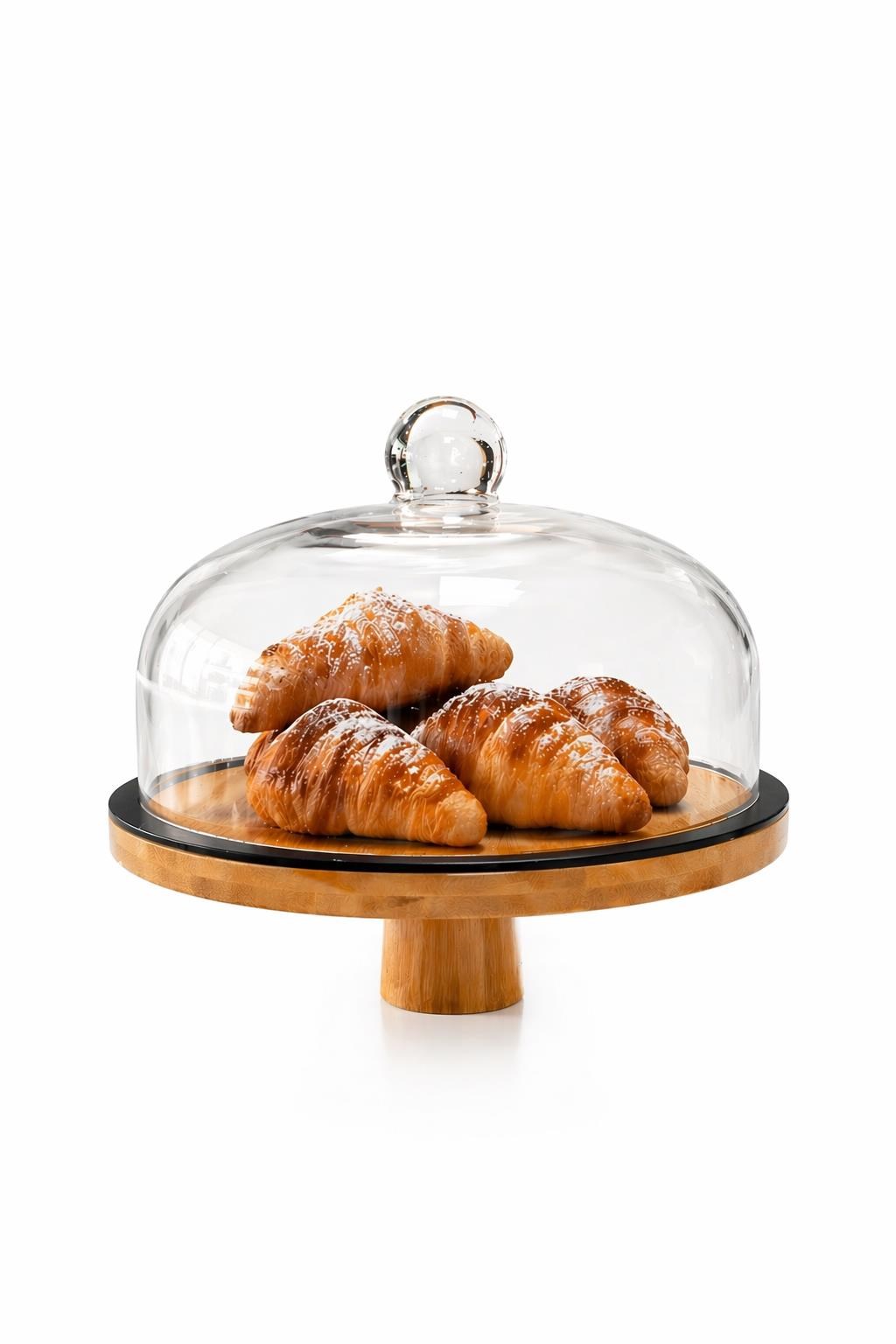 Cam Kapaklı Ayaklı Bambu Pasta Kek Standı Servis Sunum Tabağı, Kek Pasta Fanusu - 28 Cm