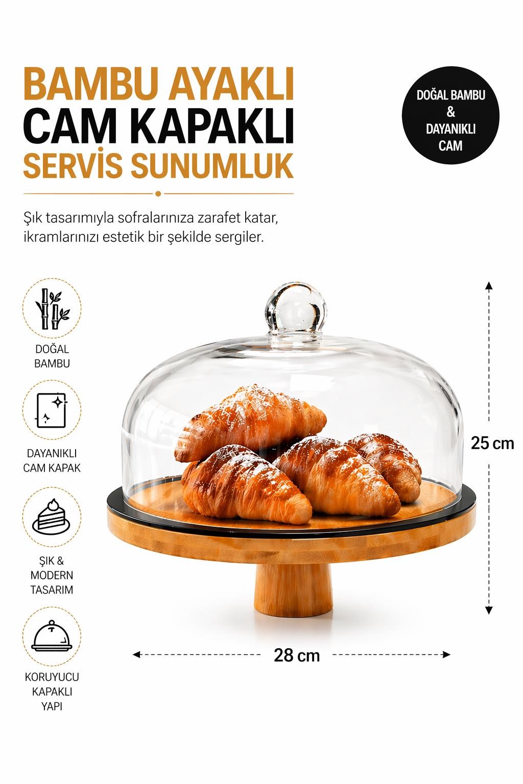 Cam Kapaklı Ayaklı Bambu Pasta Kek Standı Servis Sunum Tabağı, Kek Pasta Fanusu - 28 Cm