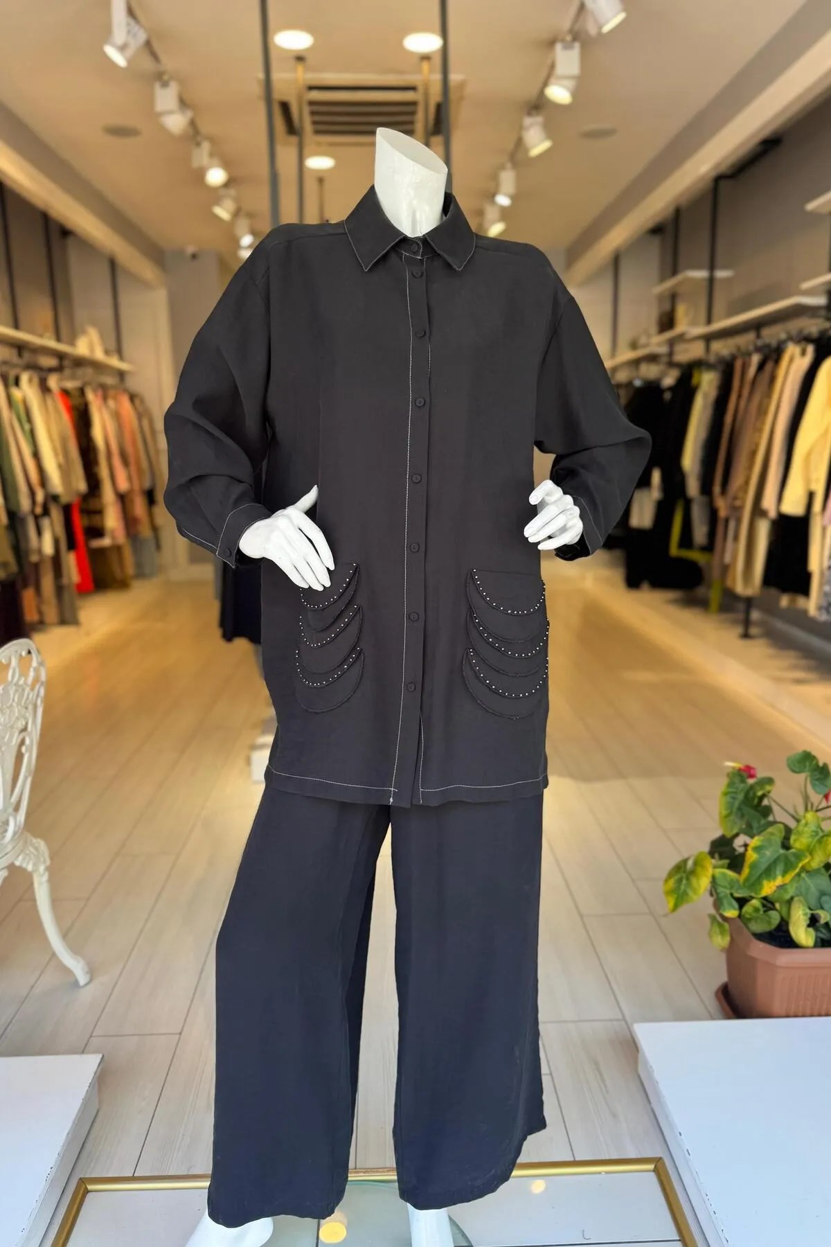 CEREMONY Önden Bağlamalı Bakır Boncuk Detay Dubai Bol Paça Pasion Pantolon Takım