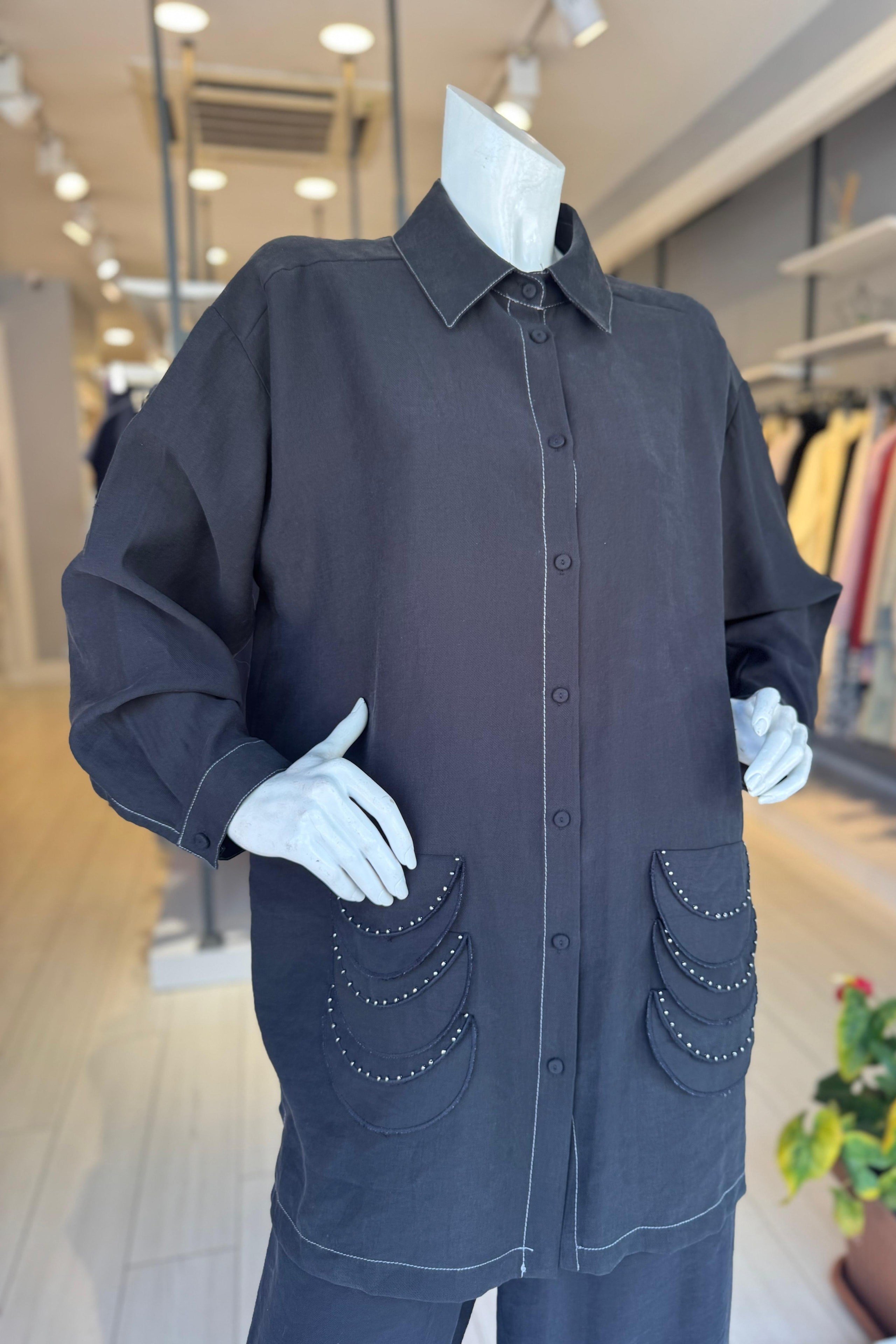 CEREMONY Önden Bağlamalı Bakır Boncuk Detay Dubai Bol Paça Pasion Pantolon Takım