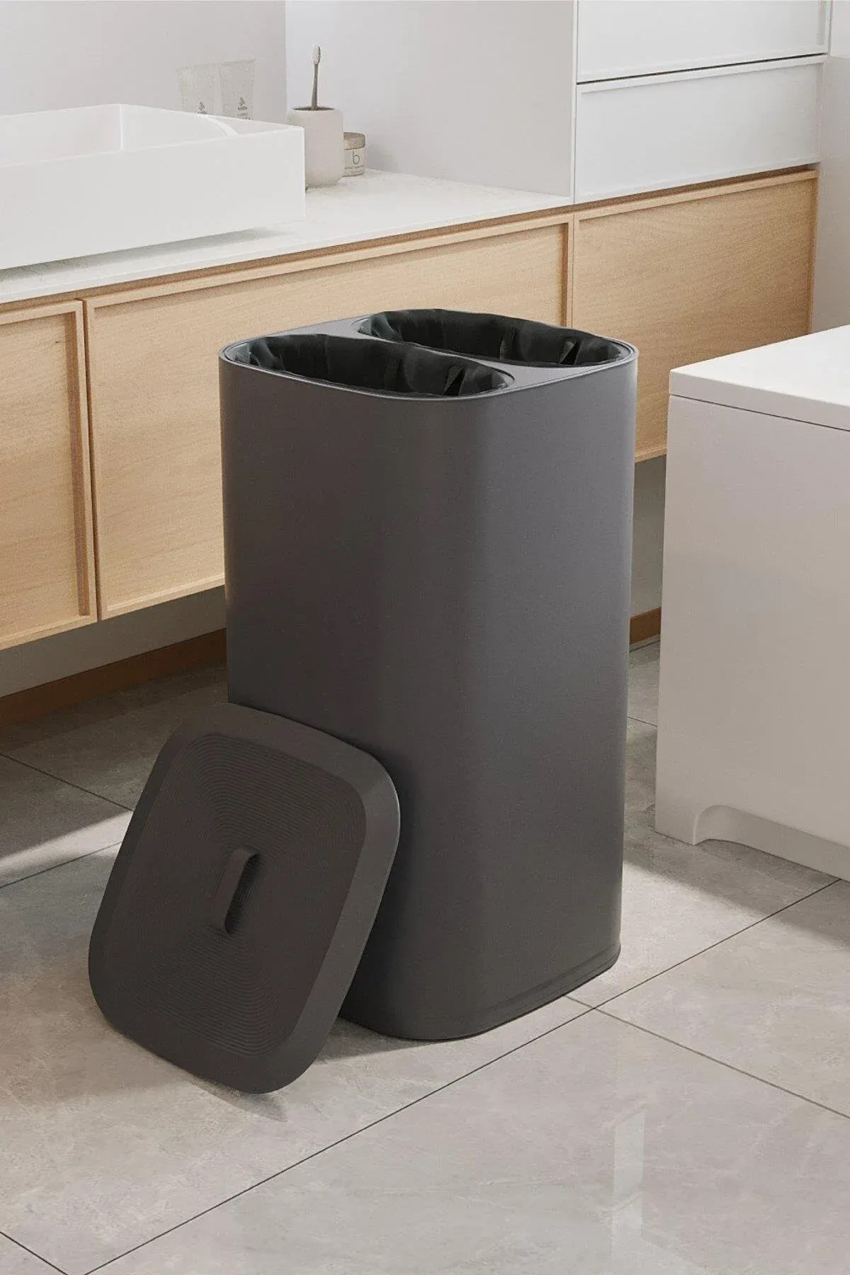 Çift Bölmeli Yıkanabilir Katlanabilir Kumaş Çamaşır Sepeti 90 Litre