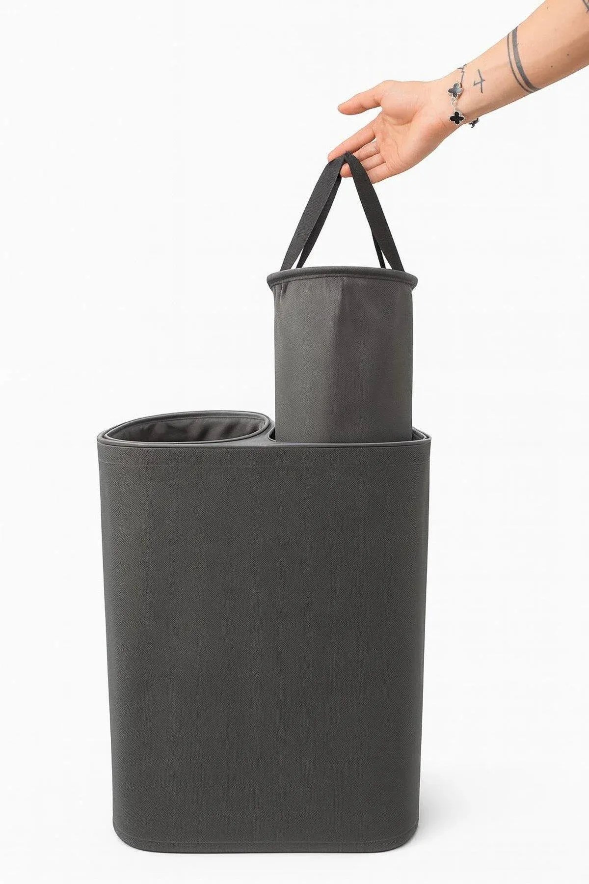 Çift Bölmeli Yıkanabilir Katlanabilir Kumaş Çamaşır Sepeti 90 Litre