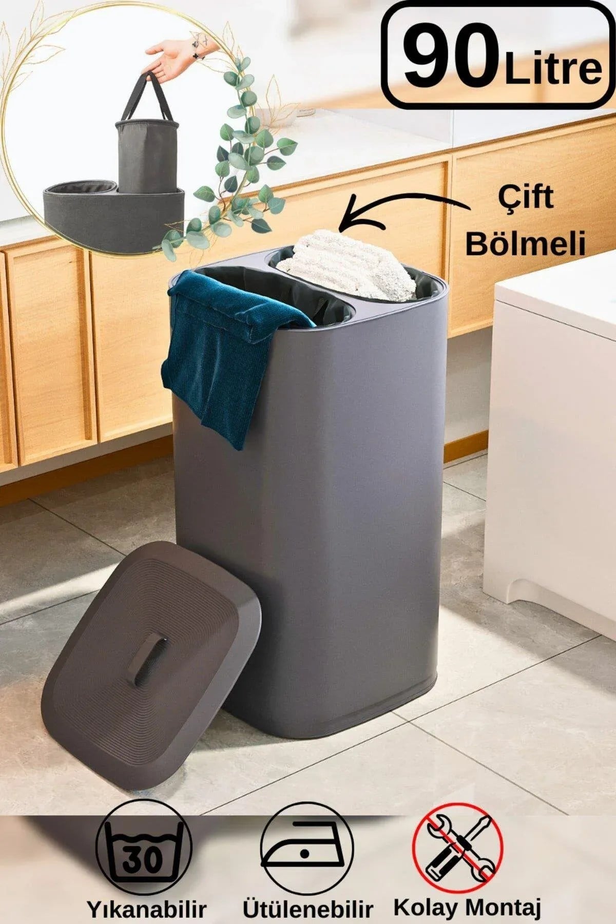 Çift Bölmeli Yıkanabilir Katlanabilir Kumaş Çamaşır Sepeti 90 Litre