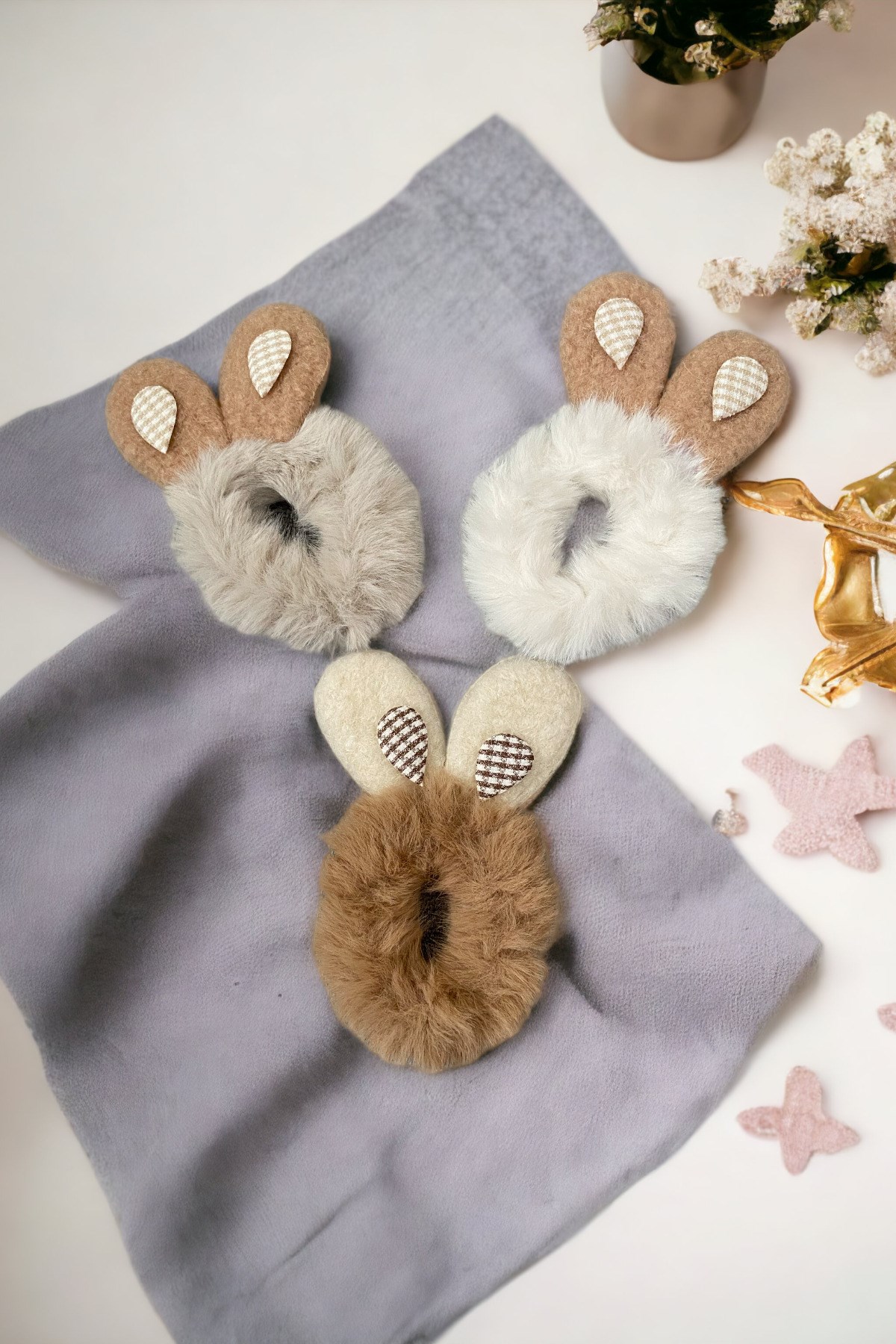 Çocuk 3 Adet Peluş Tavşan Kulaklı Lastik Toka