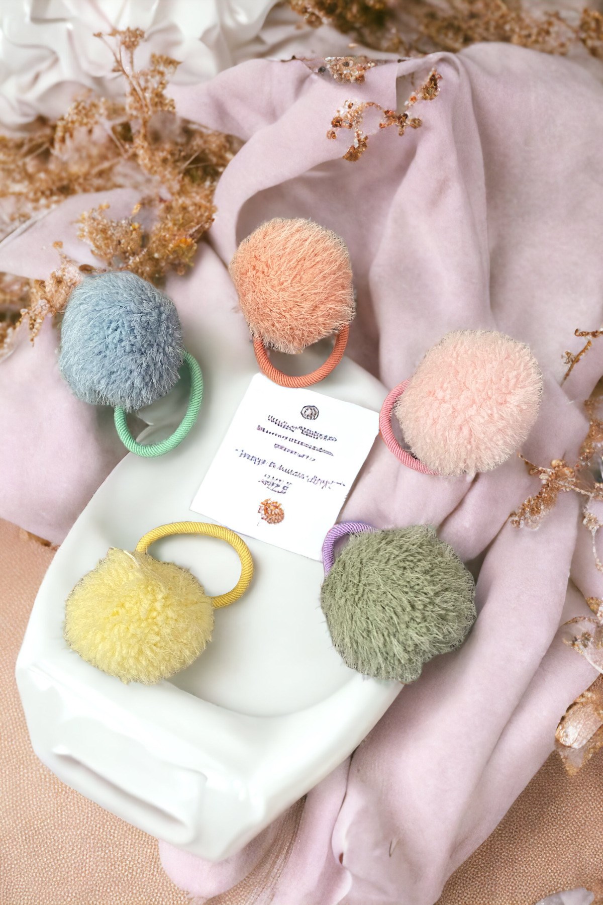 Çocuk 5 Adet Renkli Ponpon Peluş Toka Seti