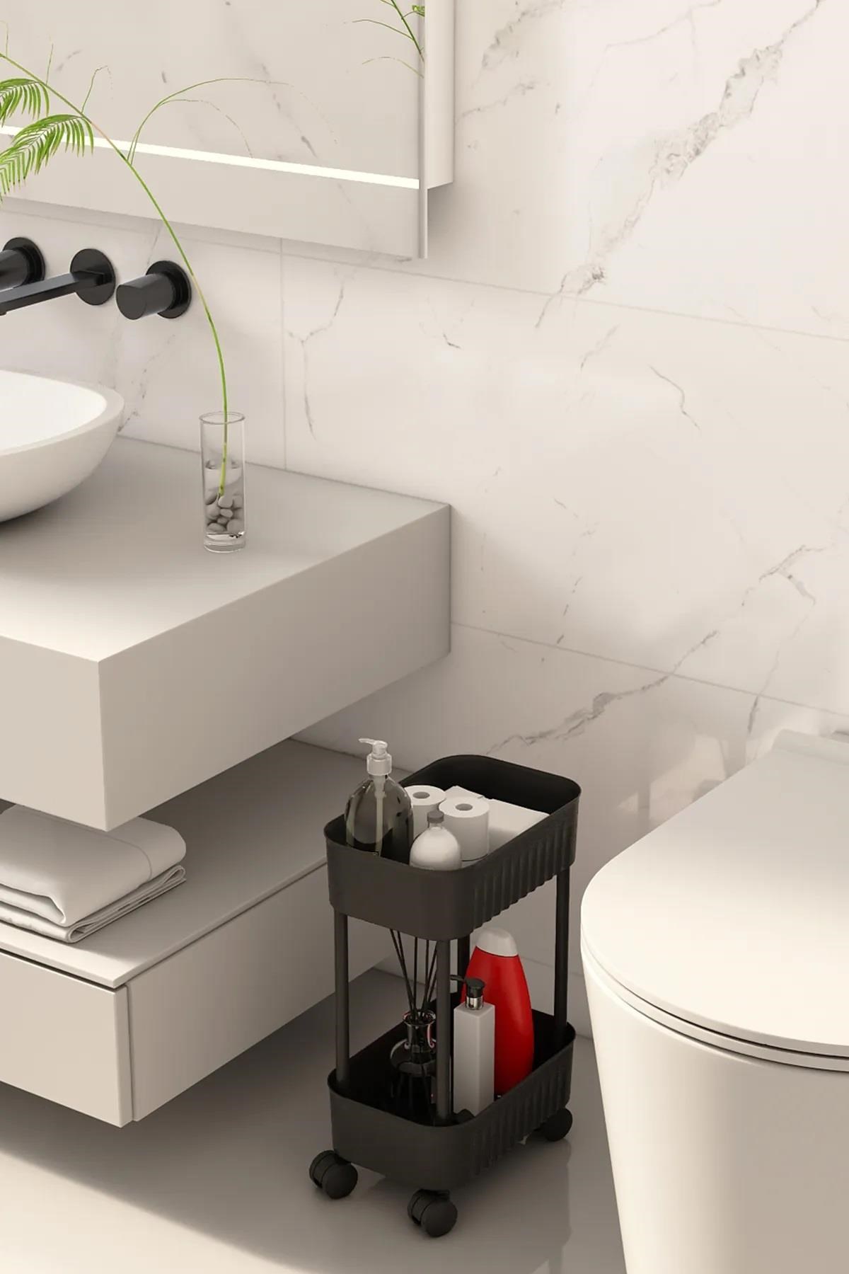 Çok Amaçlı 2 Katlı Banyo Dolabı, Evye Altı Düzenleyici Dolap Içi Tezgah Altı Tekerlekli Organizer - Deterjanlık, Dolap içi Raf