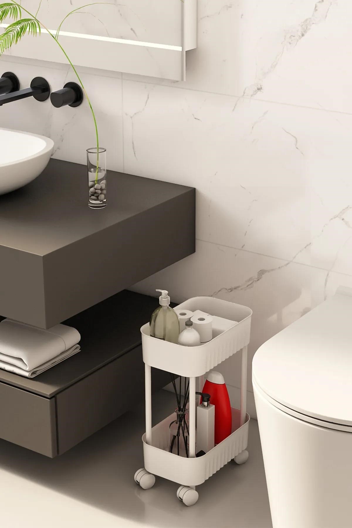 Çok Amaçlı 2 Katlı Banyo Dolabı, Evye Altı Düzenleyici Dolap Içi Tezgah Altı tekerlekli Organizer - Deterjanlık, Dolap Yanı Raf