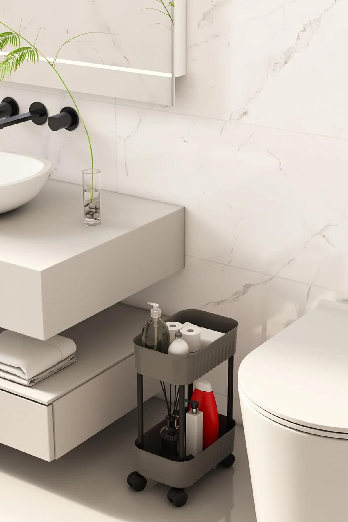 Çok Amaçlı 2 Katlı Banyo Dolabı, Evye Altı Düzenleyici Dolap Içi Tezgah Altı tekerlekli Organizer - Gri