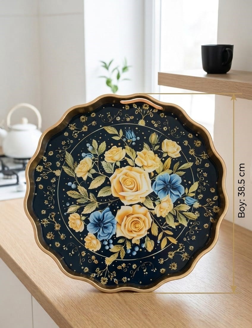 Dalgalı Kenarlı Yuvarlak Gold Tepsi 38.5 cm Siyah Zemin Çiçekli