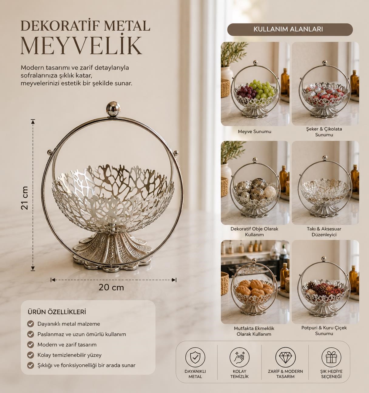Dekoratif Metal Meyvelik Sepet Gümüş Renk Modern Meyve Sunum Sepeti Şekerlik Dekoratif Masa Aksesuar