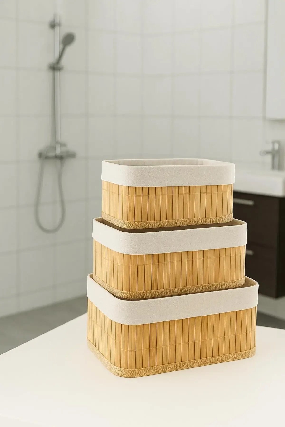 Dikdörtgen 3'lü Bambu Sepet Seti – Banyo & Dolap İçi Organizer