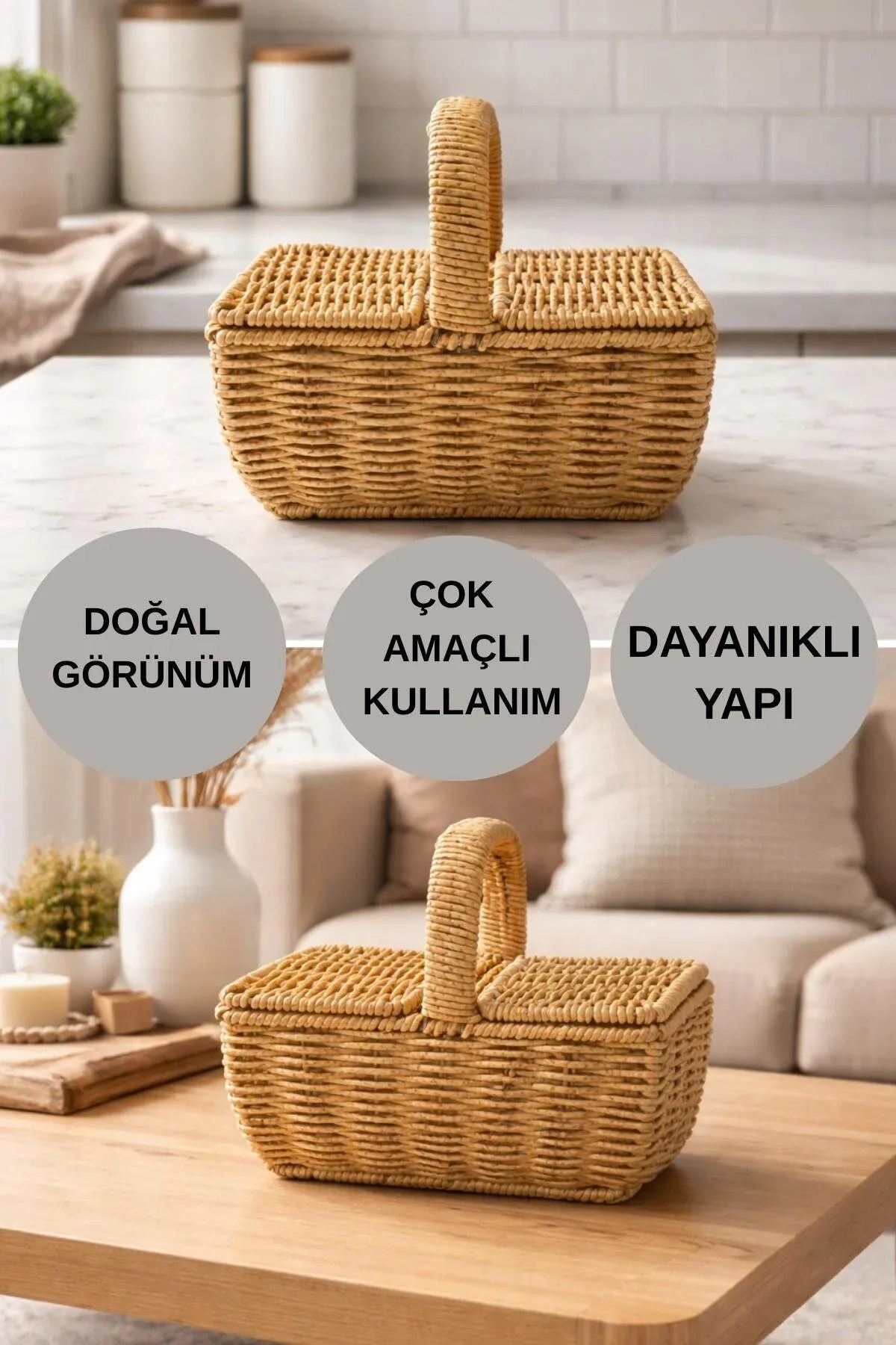 Dikdörtgen Hasır Rattan Mini Kulplu Organizer Sepet 10,5x20,5x15 Cm