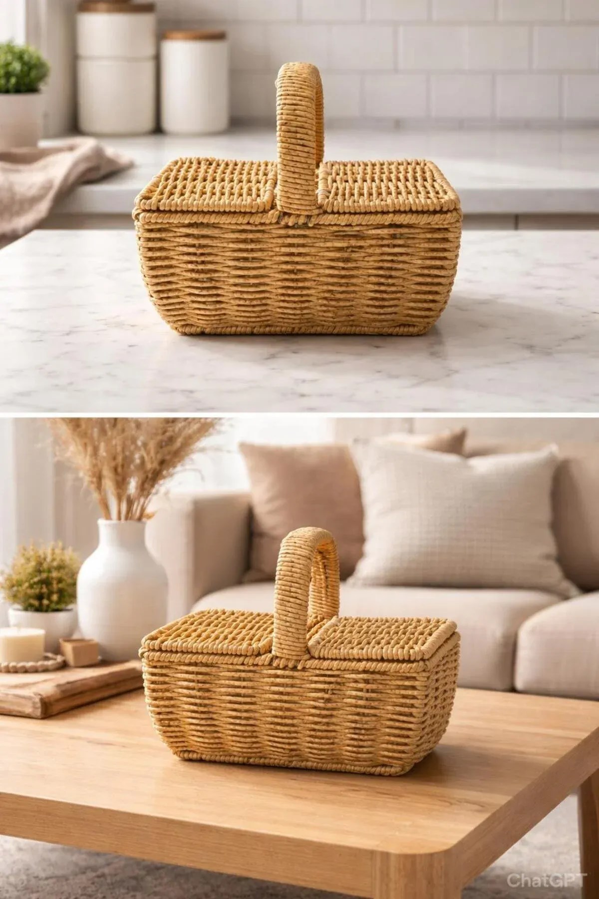 Dikdörtgen Hasır Rattan Mini Kulplu Organizer Sepet 10,5x20,5x15 Cm
