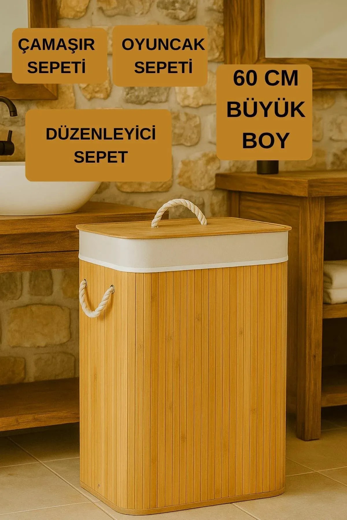 Dikdörtgen Katlanabilir Bambu Kirli Çamaşır Sepeti 60 cm – Oyuncak Organizeri