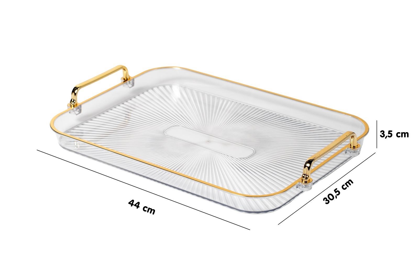 Dikdörtgen Sunumluk Tepsi - Lüks Dekoratif Çay Kahve İkram Sunum Tepsisi - Kristal Gold Yaldızlı 44 cm