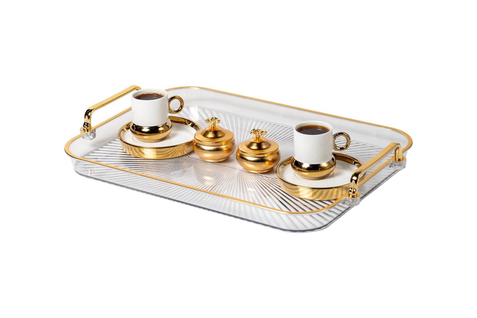 Dikdörtgen Sunumluk Tepsi - Lüks Dekoratif Çay Kahve İkram Sunum Tepsisi - Kristal Gold Yaldızlı 44 cm