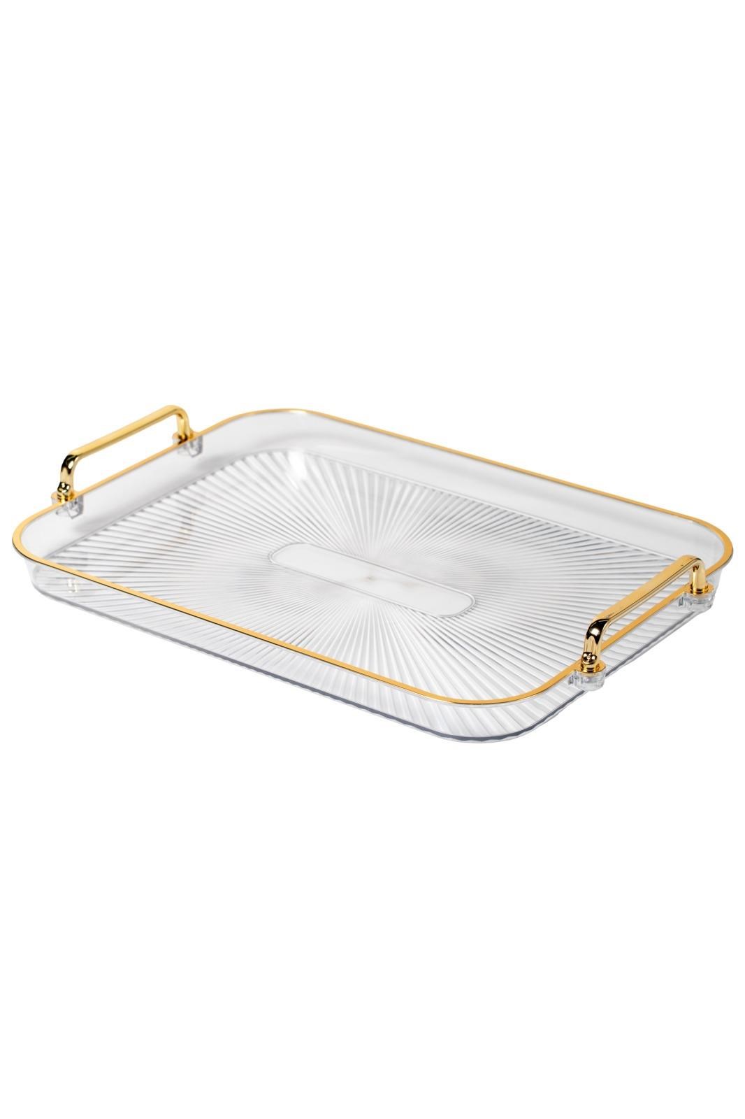 Dikdörtgen Sunumluk Tepsi - Lüks Dekoratif Çay Kahve İkram Sunum Tepsisi - Kristal Gold Yaldızlı 44 cm