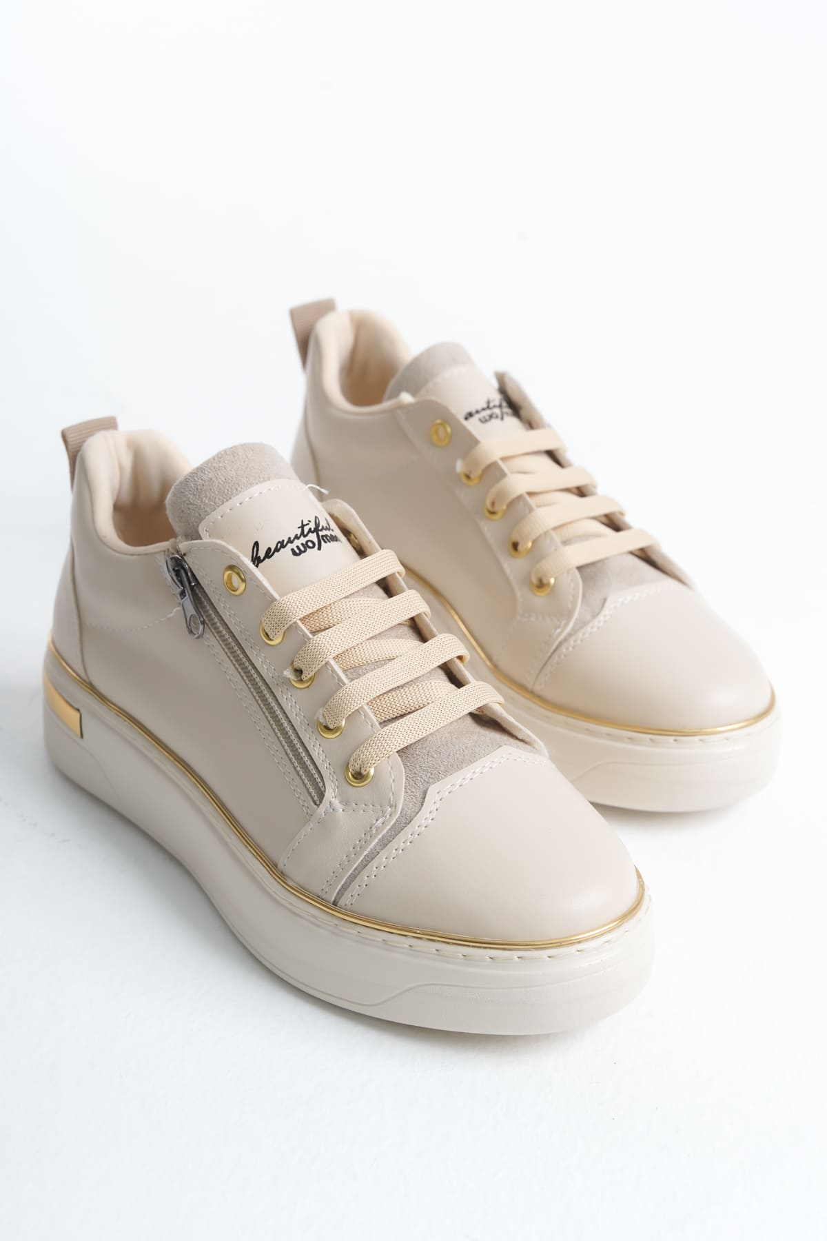 DINA Bağcıklı Fermuarlı Ortopedik Taban Kadın Sneaker Spor Ayakkabı  CKT - Krem/Altın