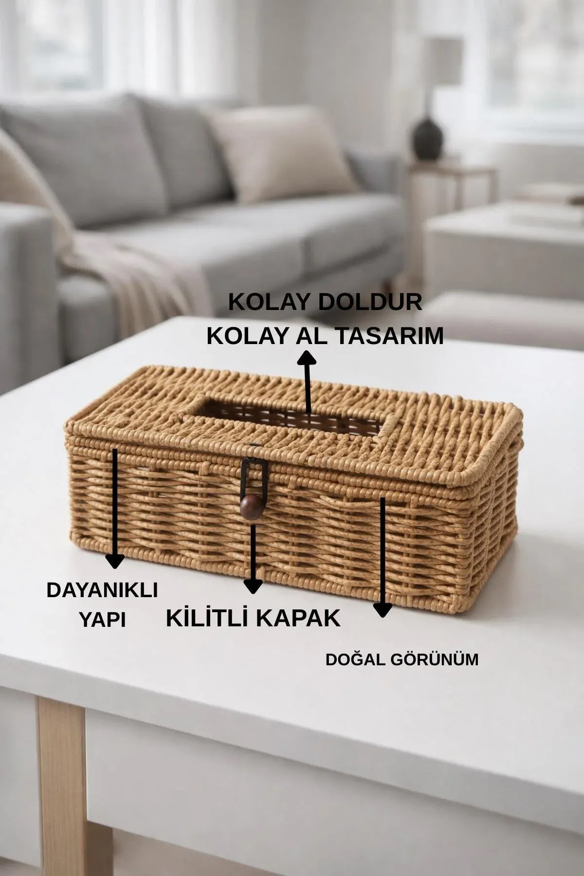 El Yapımı Rattan Peçetelik Kutusu Kapaklı 25x13,5x8 Cm