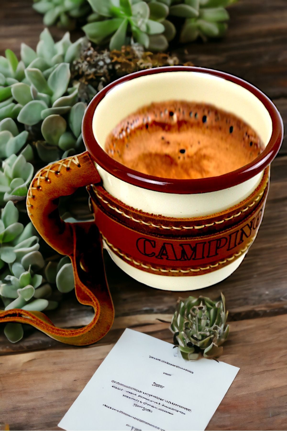 Emaye Deri İşlemeli Kupa Bardak Camp Kamp Mug Fincan Kahve
