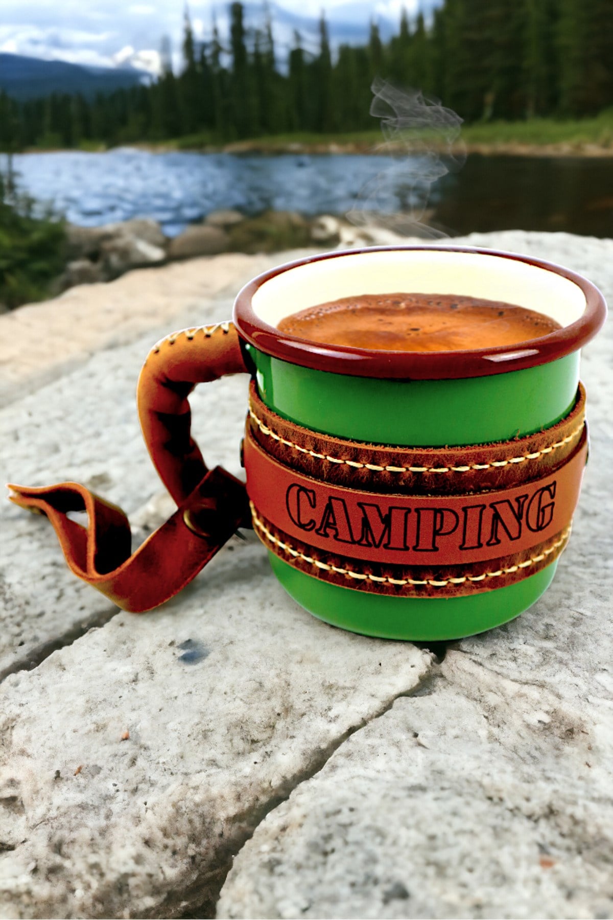 Emaye Deri İşlemeli Kupa Bardak Camp Kamp Mug Fincan Kahve