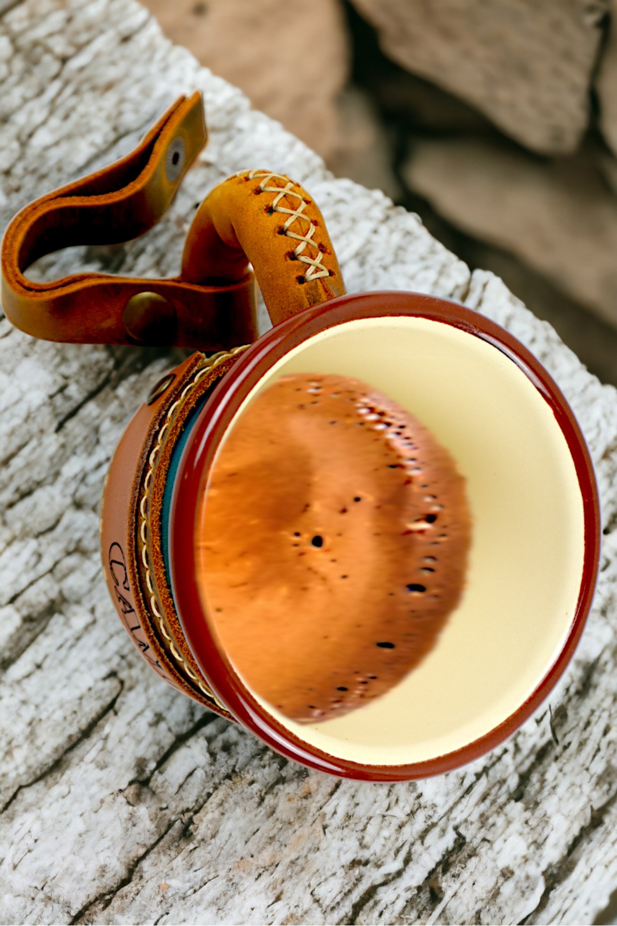 Emaye Deri İşlemeli Kupa Bardak Camp Kamp Mug Fincan Kahve