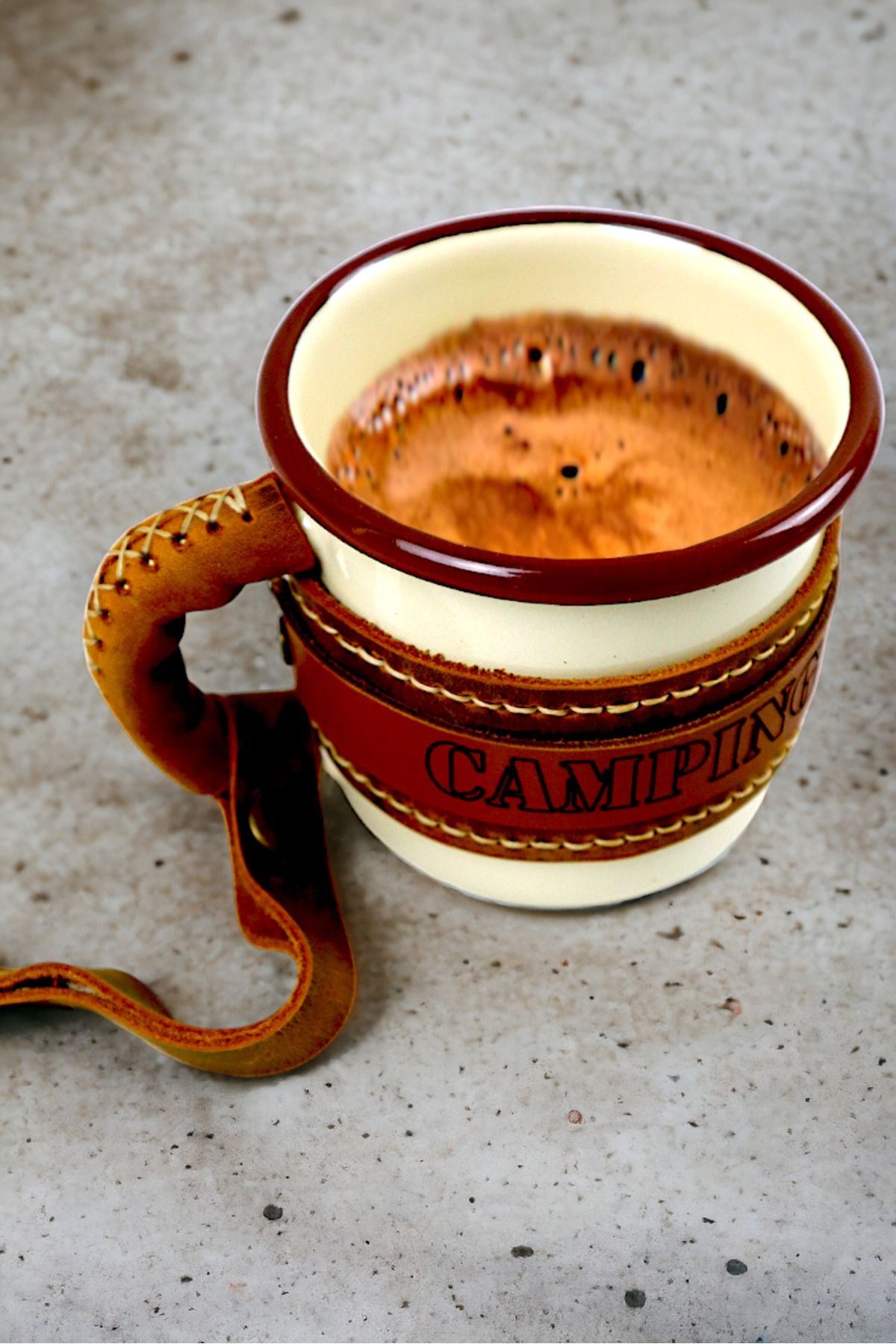 Emaye Deri İşlemeli Kupa Bardak Camp Kamp Mug Fincan Kahve