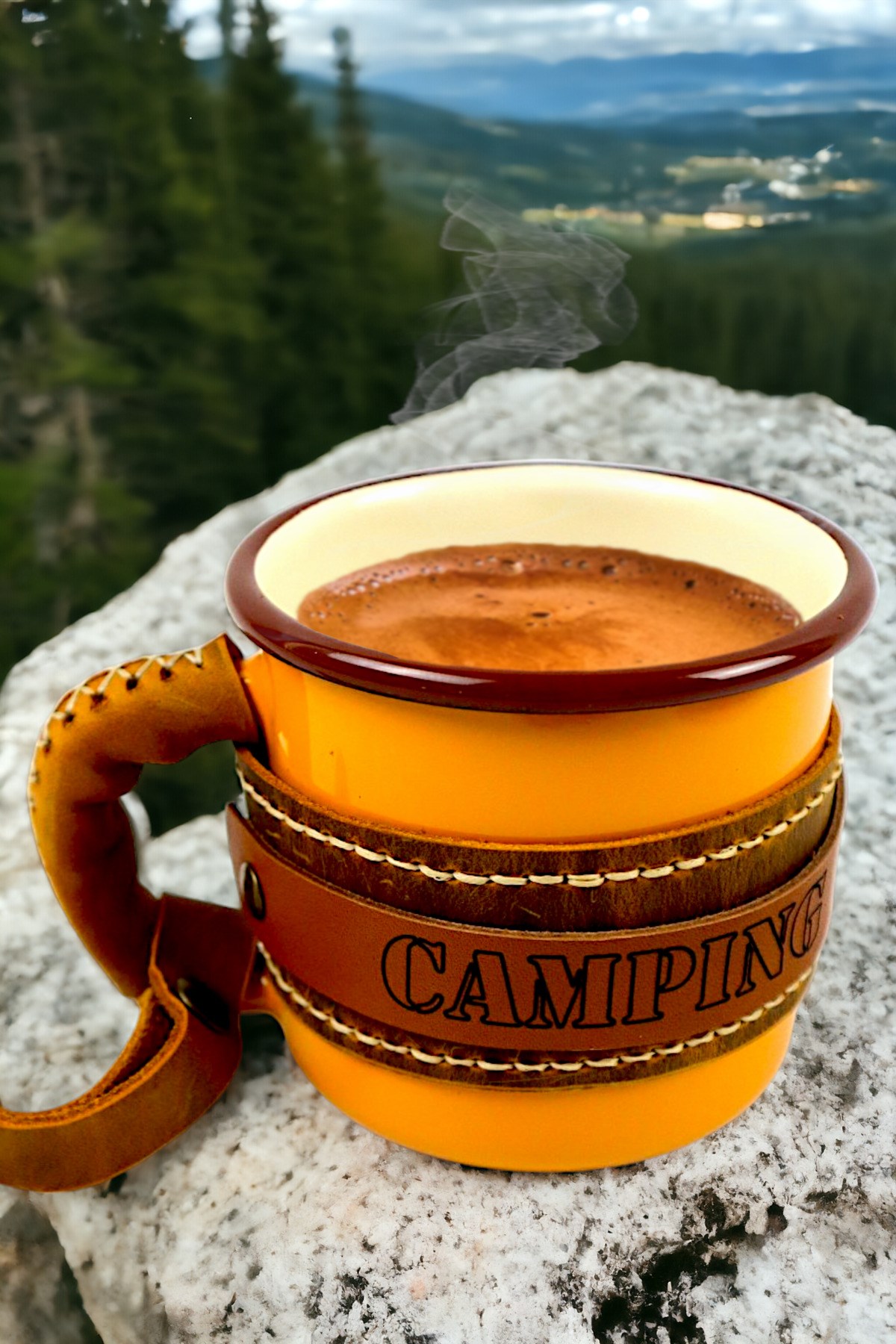 Emaye Deri İşlemeli Kupa Bardak Camp Kamp Mug Fincan Kahve