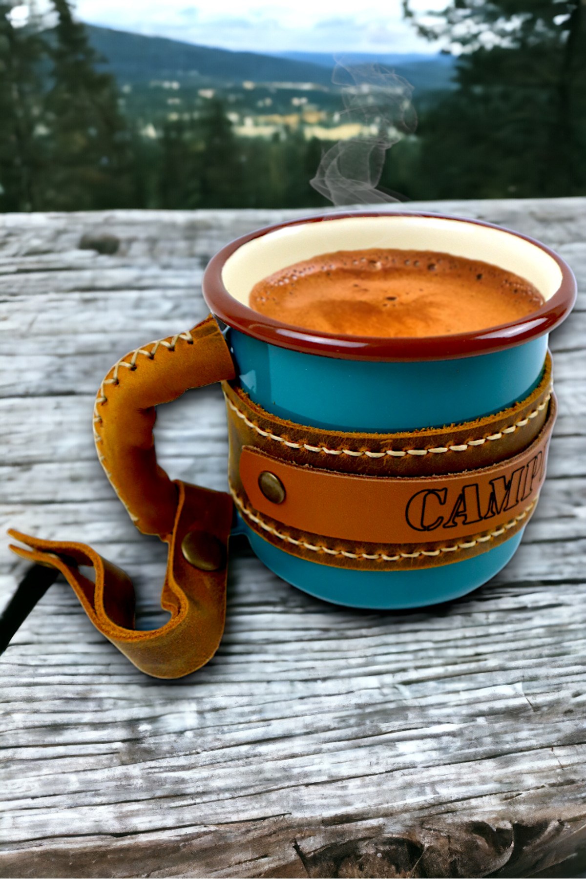 Emaye Deri İşlemeli Kupa Bardak Camp Kamp Mug Fincan Kahve