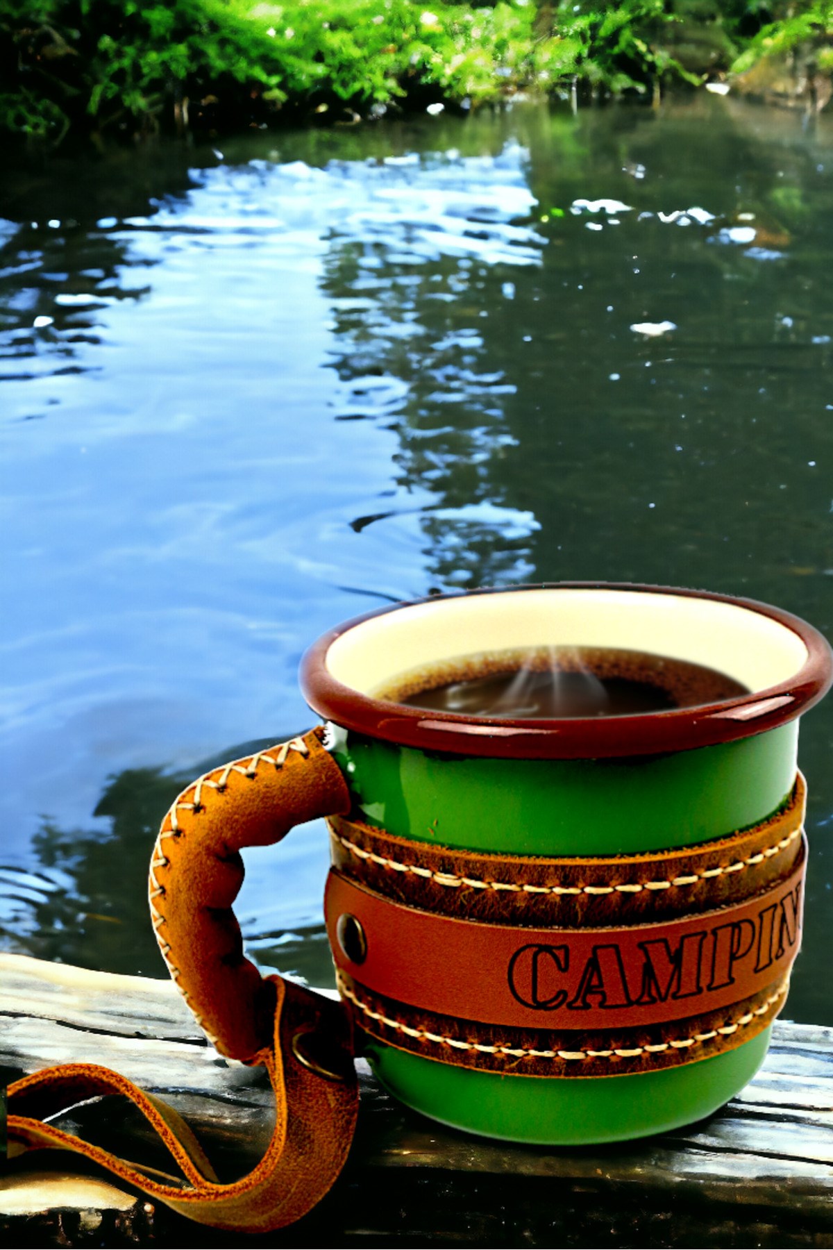Emaye Deri İşlemeli Kupa Bardak Camp Kamp Mug Fincan Kahve