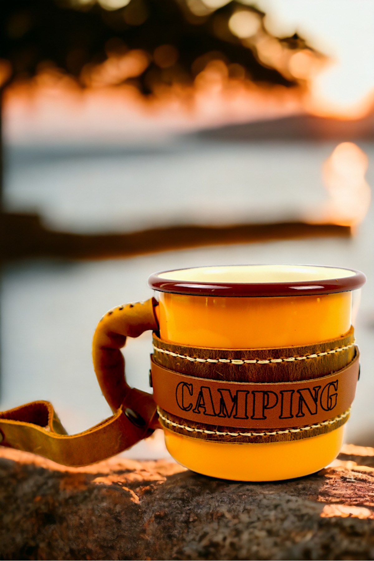 Emaye Deri İşlemeli Kupa Bardak Camp Kamp Mug Fincan Kahve