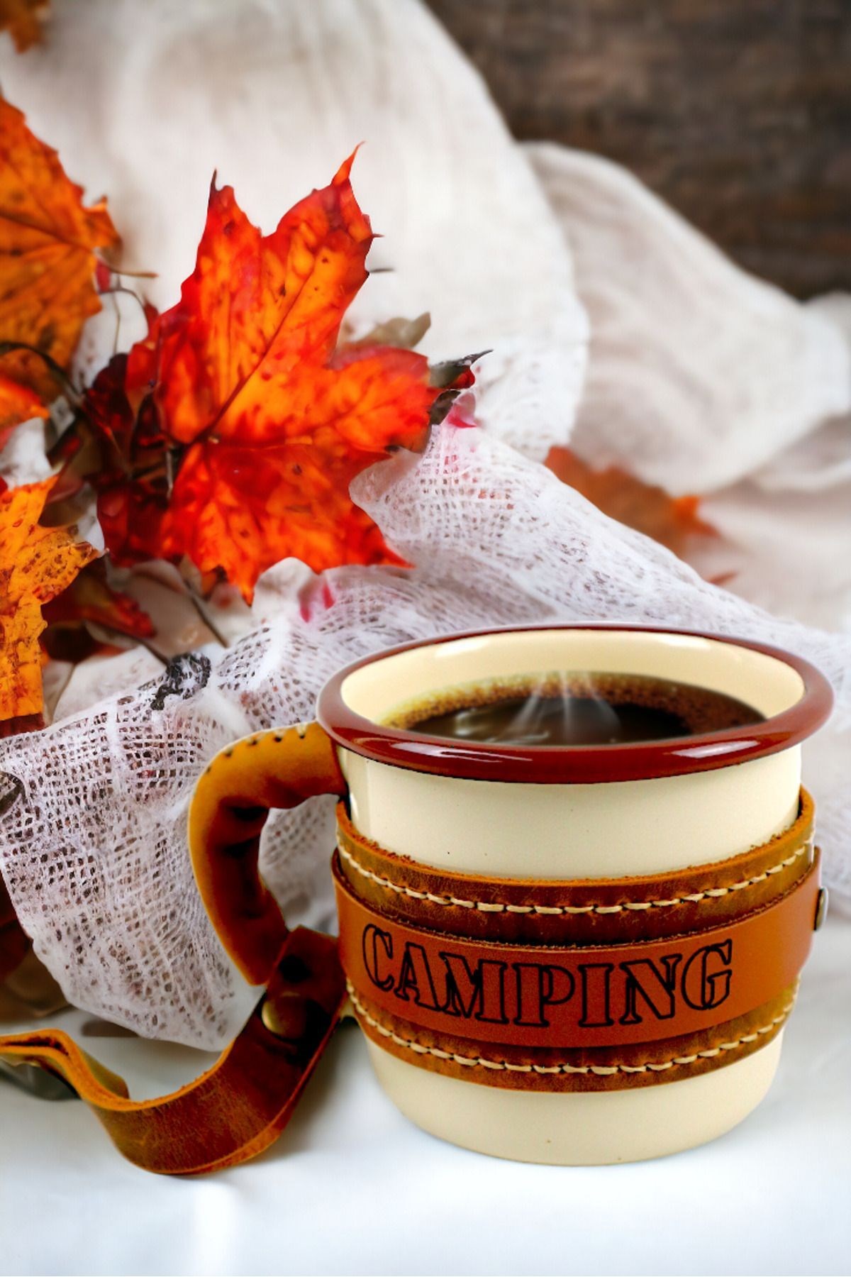 Emaye Deri İşlemeli Kupa Bardak Camp Kamp Mug Fincan Kahve