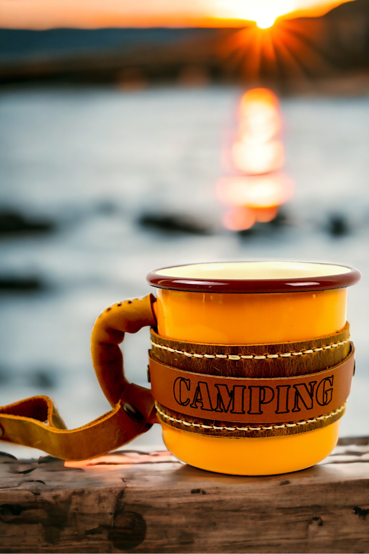 Emaye Deri İşlemeli Kupa Bardak Camp Kamp Mug Fincan Kahve