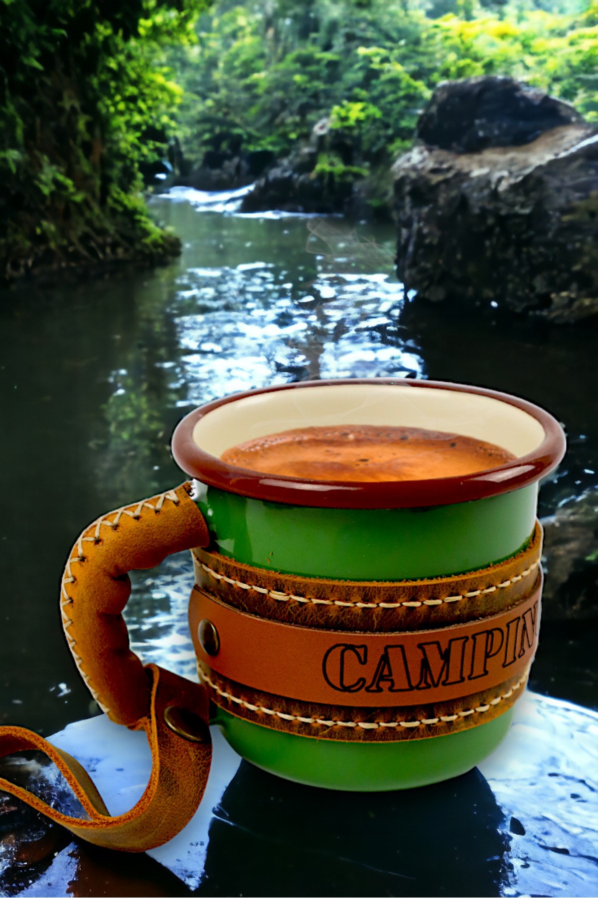 Emaye Deri İşlemeli Kupa Bardak Camp Kamp Mug Fincan Kahve