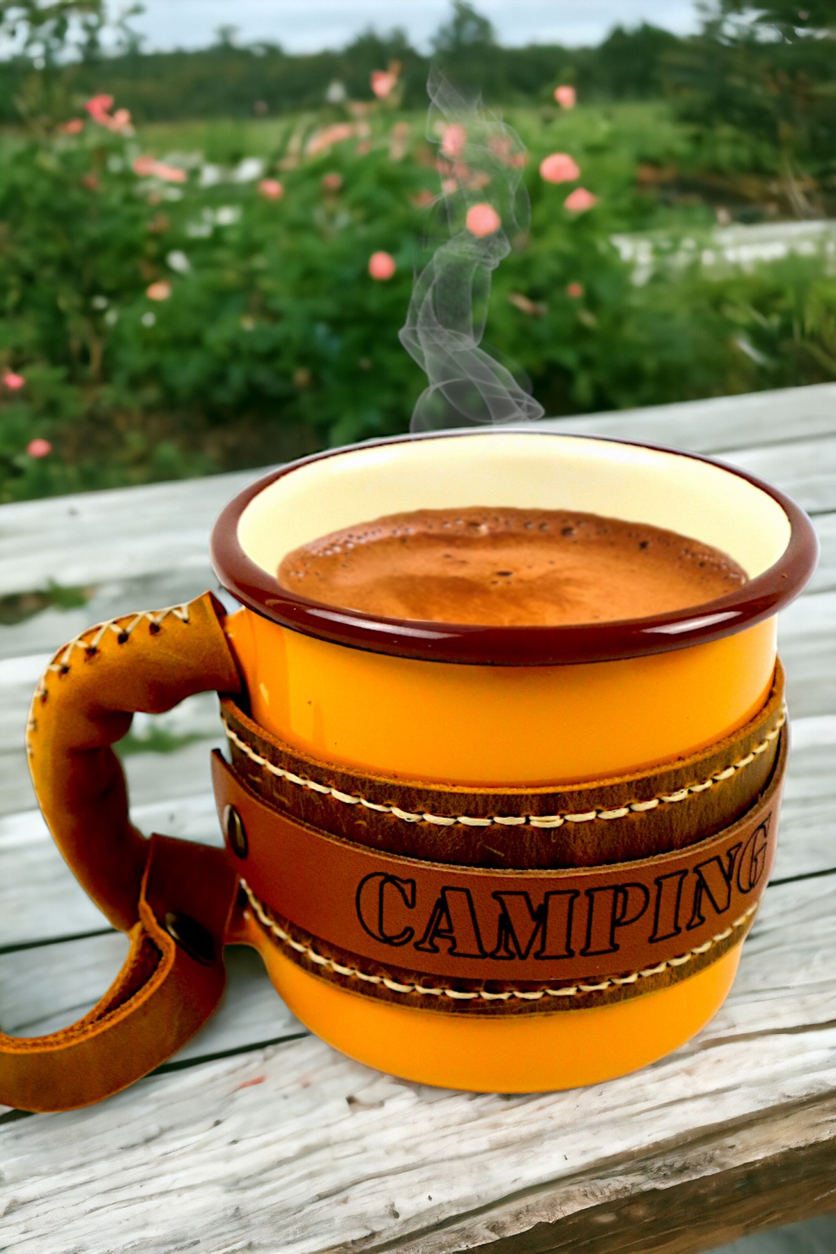Emaye Deri İşlemeli Kupa Bardak Camp Kamp Mug Fincan Kahve