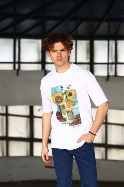 Erkek Sunflowers Van Gogh Baskılı Oversize Beyaz T-Shirt