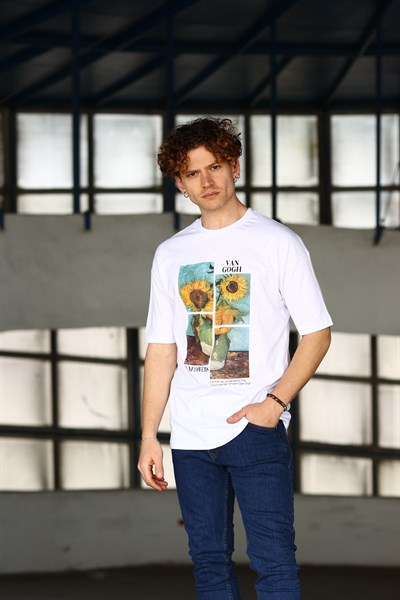 Erkek Sunflowers Van Gogh Baskılı Oversize Beyaz T-Shirt
