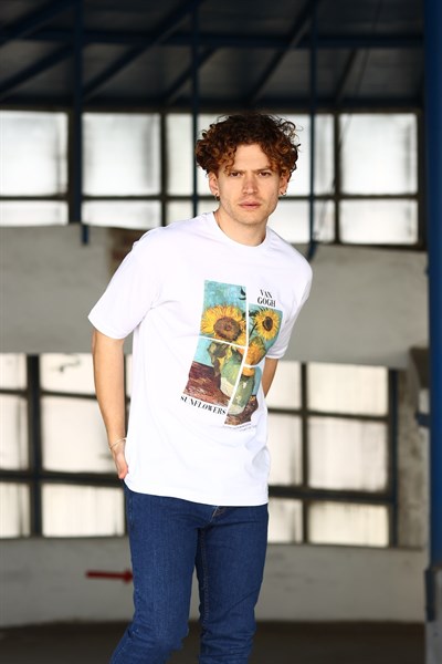 Erkek Sunflowers Van Gogh Baskılı Oversize Beyaz T-Shirt