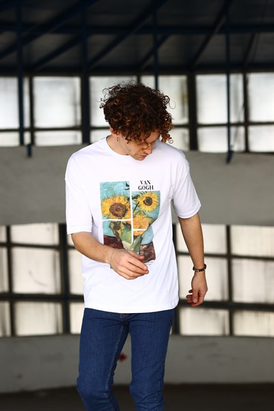 Erkek Sunflowers Van Gogh Baskılı Oversize Beyaz T-Shirt