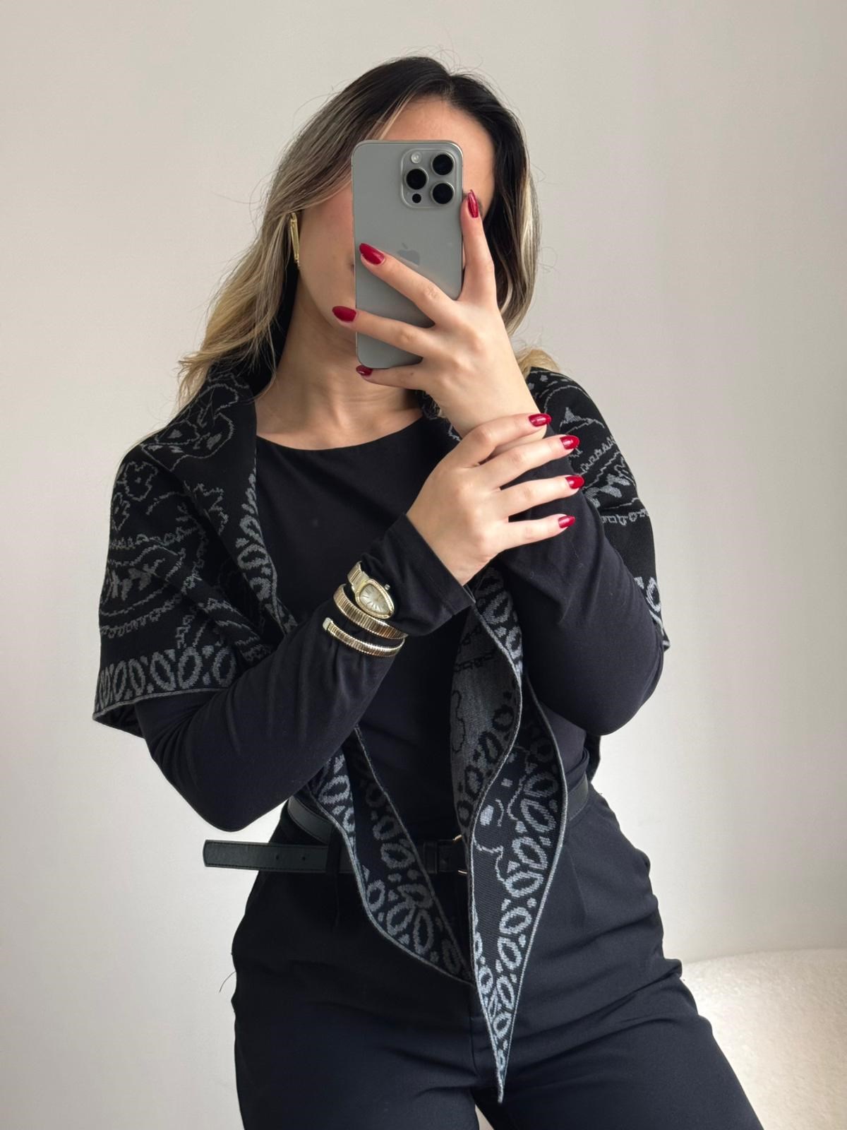 Etknik Desenli Triko Şal Gri Siyah