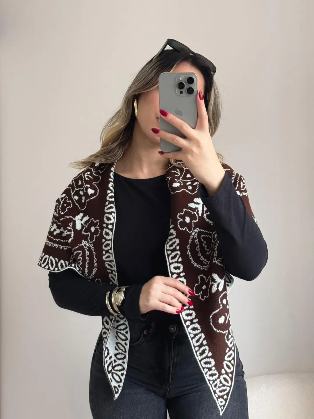 Etknik Desenli Triko Şal Gri Siyah