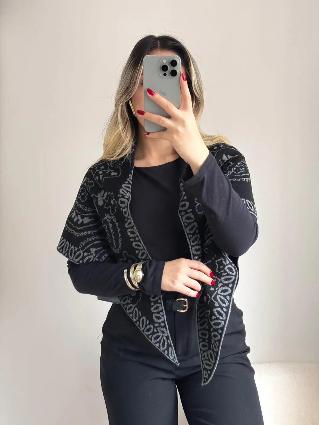 Etknik Desenli Triko Şal Gri Siyah