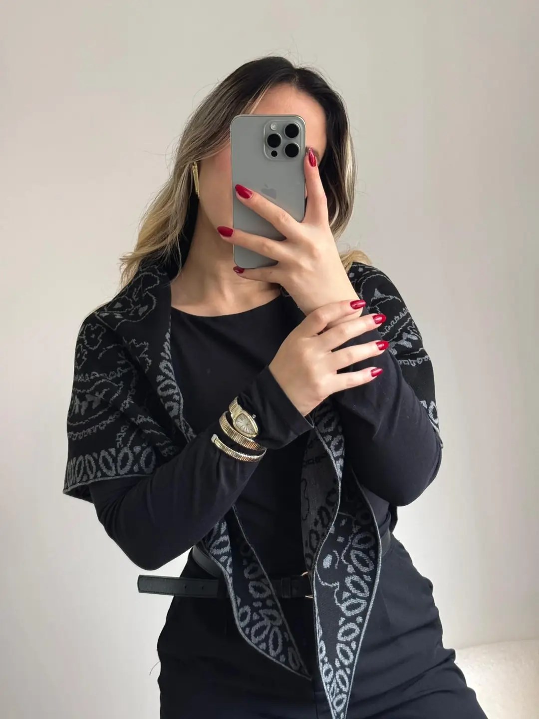 Etknik Desenli Triko Şal Gri Siyah