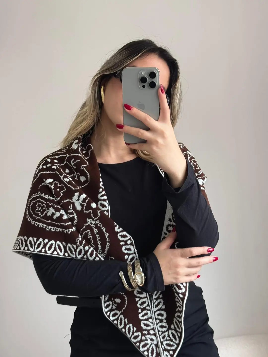 Etknik Desenli Triko Şal Gri Siyah