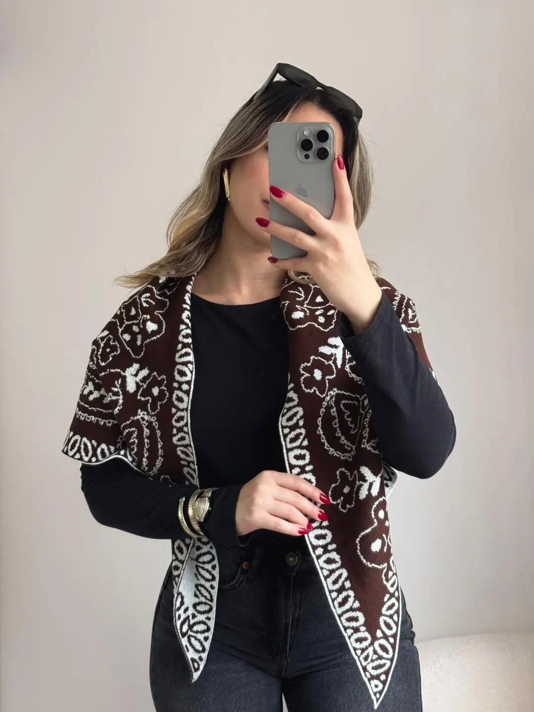 Etknik Desenli Triko Şal Gri Siyah